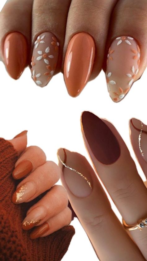 Brown and gold and flower in autumn style Simple Nail Designs Autumn, Fall Nails With Flowers, Autumn Flower Nails, Nails Brown And Gold, Acorn Nails, Short Nails Brown, Mystical Nails, Autumnal Nails, Fall Almond Nails