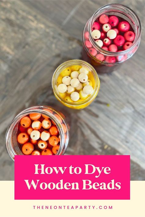 Learn any easy, quick way to dye wooden beads in rainbow bright colors! A perfect craft for kids & families, in time for the holidays! Painting Wooden Beads Diy, How To Color Wooden Beads, How To Dye Wood Beads, Painting Wood Beads, Dye Wooden Beads, Paint Wood Beads, Wooden Bead Crafts, Paint Wooden Beads, Wooden Beads Crafts