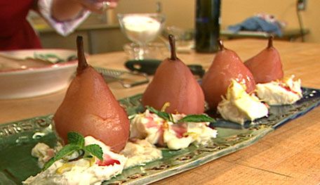 Poached Pears with Mascarpone Cream from P. Allen Smith Pears In Red Wine, Vegetarian Dairy Free Recipes, Vegetarian Air Fryer Recipes, Raisin Sauce, Pear Dessert Recipes, Pinterest Food Recipes, Wine Poached Pears, Air Fryer Recipes Vegetarian, Pear Dessert