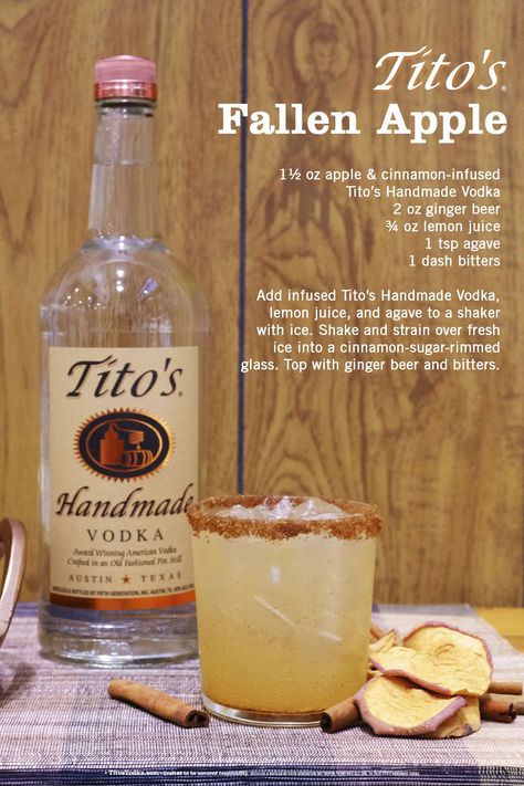 Like Autumn in a glass, mix up the Tito's Fallen Apple and skip the trip to the apple orchard. With a spiced Tito's Apple & Cinnamon Infusion, zesty lemon, and a splash of ginger beer, you're sure to fall for this smooth fall cocktail. Just remember the cinnamon sugar rim to sweeten it up. Simple, smooth, and naturally gluten-free. Cheers to the season. Tito’s Fall Drinks, Fall Mixed Drinks Alcohol, Fall Vodka Cocktails, Fall Alcoholic Drinks, Fall Mixed Drinks, Fall Shots, Fall Wedding Cocktails, Fall Drinks Alcohol, Fall Cocktail Recipes