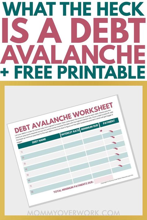 Free DEBT AVALANCHE worksheet printable tracker spreadsheet. See why this method of paying down your debt can accelerate reducing debt, saving money, and repairing or improving your credit score. Check how it compares to Dave Ramsey’s popular method of debt snowball. Use the free calculator to compare your payments and savings. Get tips to get yourself out of debt and onto a better life. Avalanche Debt Payoff Worksheet, Debt Avalanche Method, Reducing Debt, Dave Ramsey Debt, Debt Avalanche, Printable Tracker, Budget Goals, Debt Snowball, Saving Money Budget