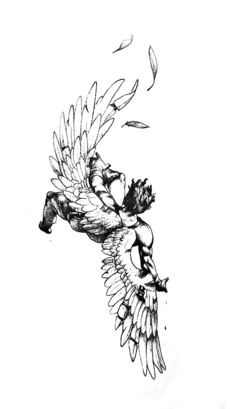 Large Tattoo Designs Drawings, Angel Reaching Out Tattoo, Icarus Tattoo Stencil, Icarus Leg Tattoo, Icuris Falling Tattoo Design, Tattoos Icarus, Icarus Falling Drawing, Icarus Back Tattoo, Flying Angel Tattoo