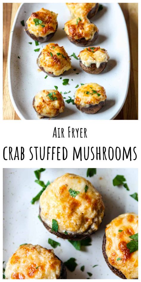 Air fried stuffed mushrooms with crab are the perfect party finger food. Crab stuffed mushrooms are always a popular appy and tend to disappear fast. The delicious filling for stuffing these mushroom appetizers is only 4 ingredients. Make them in 10 minutes! (oven too). This easy appetizer recipe is gluten free (no breadcrumbs) and low carb , so everyone can enjoy them. Most important, these crab stuffed, cheesy bites are delicious, and one of those favorite appetizers that everyone loves! Stuffed Mushrooms With Crab, Air Fryer Stuffed Mushrooms, Air Fryer Crab, Stuffed Mushrooms Easy, Sausage Stuffed Mushrooms, Mushroom Appetizers, Crab Stuffed Mushrooms, Crab Stuffed, Keto Appetizers