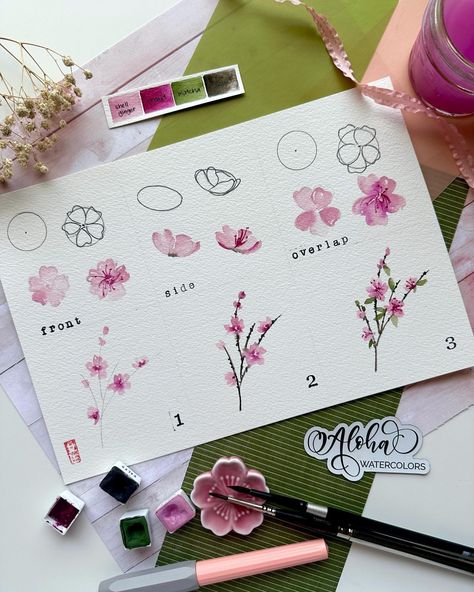 Japanese Cherry Blossom Painting Easy, Flower Collage Painting, Cherry Blossom Watercolor Tutorial, Painted Cherry Blossoms, Painting Ideas Cherry Blossom, Easy Cherry Blossom Painting, Japanese Painting Ideas, How To Paint Cherry Blossoms, Cherry Blossom Pottery