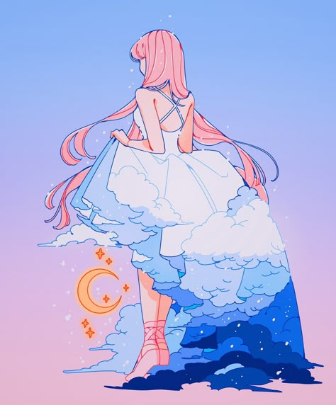 Sky Dress, Cloud Drawing, Cute Kawaii Drawings, Romantic Art, Dreamy Art, Drawing Practice, Kawaii Drawings, Kawaii Art, Art Styles