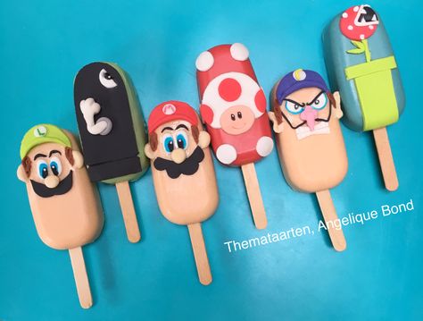 Mario Bros. Choco lolly’s Made by Angelique Bond from the Netherlands Mario Cakesicles, No Bake Cake Pops, Ice Cream Cake Pops, Lolly Cake, Cake Pop Designs, Mario Cake, Cake Pop Decorating, Disney Frozen Birthday, Baby Shower Cake Pops