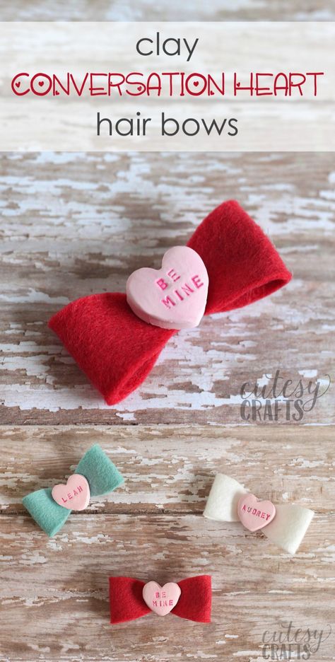 Learn how to make DIY hair bows for Valentine's Day, featuring clay conversation hearts! These are so cute and perfect for the holidays. Easy Hair Bows, Valentine Hair Bows, Valentine Hair, Hair Bow Tutorial, Heart Diy, Conversation Heart, Diy Bows, Conversation Hearts