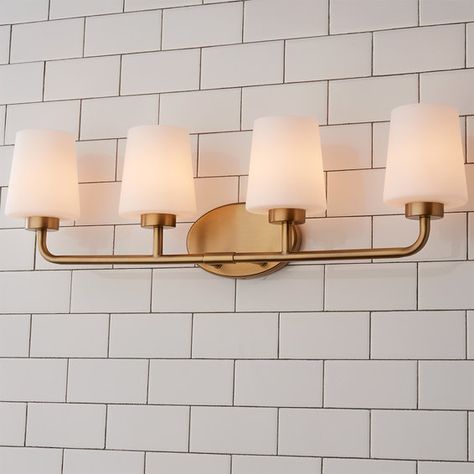 4 to 6 Lights Vanity Lighting & Vanity Light Bars - Shades of Light Above Mirror Bathroom Lighting, Vanity Lighting Over Mirror, Bathroom Light Shades, Brass Bathroom Lighting, Powder Room Lighting, Contemporary Bathroom Lighting, Bathroom Vanity Lights, Modern Contemporary Bathroom, Brass Vanity Light