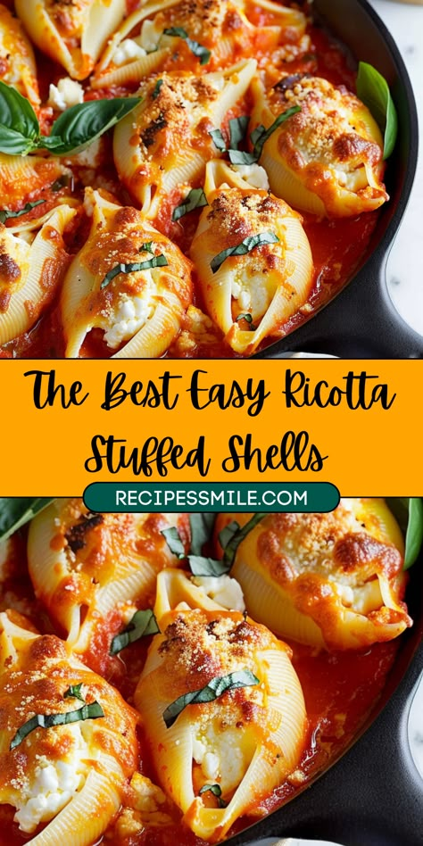 Creamy ricotta-stuffed pasta shells baked in savory marinara sauce, topped with melted cheese—perfect for a hearty dinner or a crowd-pleasing meal. This easy-to-make dish is customizable and ideal for weeknight dinners or special occasions. Easy Dinner Recipes Stuffed Shells, Stuffed Shell Recipes Easy, Stuffed Cheesy Shells, Stuffed Shells With Meat And Ricotta, Marinara Stuffed Shells, Stuffed Shells With Uncooked Shells, Ricotta Cheese Recipes Pasta Stuffed Shells, Unstuffed Pasta Shells, Stuffed Shells With Alfredo And Marinara