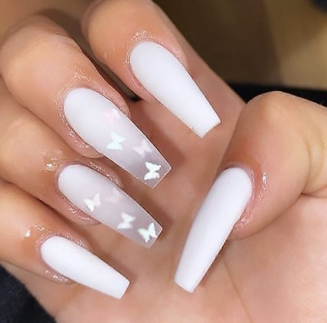 #butterfly #nails #nailart #white Neutral Nails Acrylic, Almond Acrylic, Spring Acrylic Nails, Long Acrylic Nail Designs, Blue Acrylic Nails, Ombre Acrylic Nails, White Acrylic Nails, Simple Acrylic Nails, Nails Colors