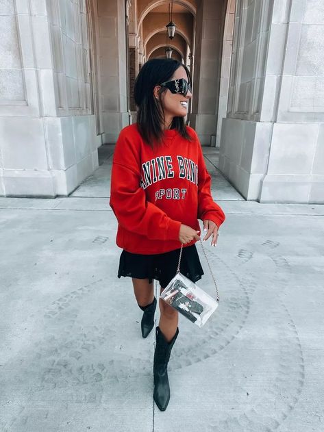 Red and black game day idea! #LTKFind #LTKSeasonal#LTKstyletip Game Day Fashion, Red Black Outfit, Boots Skirt, End Of Fall, Red Pullover, Day Fashion, Early Winter, Skirts With Boots, Style Clothes