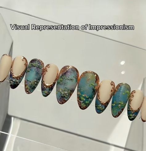 @vivxue Aphrodite Inspired Nails, Bridgerton Nails Design, Rococo Nail Art, Bridgeton Nails, Vivxue Nails, Claude Monet Nails, Greek Mythology Nails, Bridgerton Nails Inspired, Bridgerton Nails Ideas