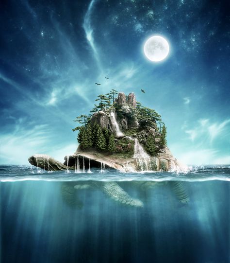 Turtle Island by Rowye on deviantART Pandaren Monk, Sky Woman, World Turtle, Turtle Island, Turtle Art, Island Art, Fantasy Places, Matte Painting, Foto Art