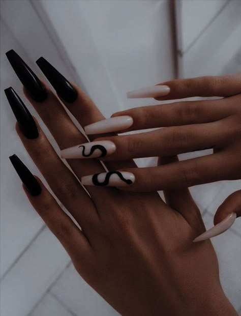 Mafia Wife Nails, Black Ballerina Nails, Ballerina Nails Designs Ideas, Black Acrylic Nails Coffin, Black Nails Coffin, Ballerina Nails Long, Nails Inspiration Ballerina, Nail Ballerina, Black And Nude Nails