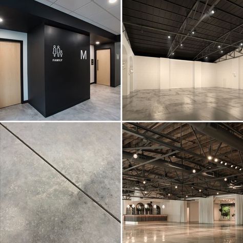 Black And White Event Space, Modern Event Hall Interior Design, Commercial Event Space Design, Warehouse Venue Spaces, Event Venues Design, Small Event Center Design, Event Space Business Plan, Warehouse Salon Design, Small Event Venue Spaces