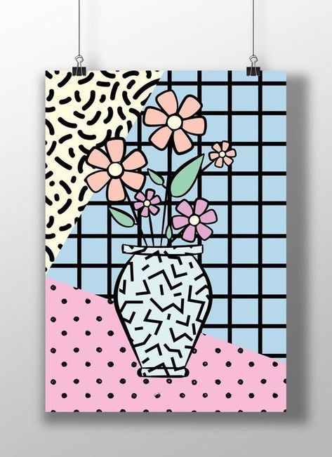 Printable Art Flower vasePastel color Pop Art Memphis Download Wall art Home decor Kids room Color Pop Art, Memphis Art, Pop Art Decor, Posca Art, Hippie Painting, Simple Canvas Paintings, Cute Canvas Paintings, Canvas Painting Diy, Download Wall Art