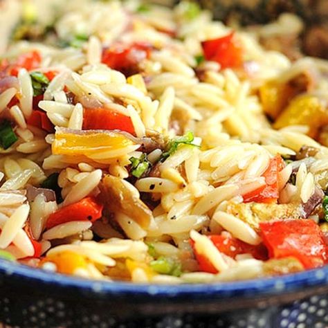 Roasted Veggie Orzo, Roasted Vegetable Orzo, Vegetable Orzo Salad, Orzo With Roasted Vegetables, Roasted Sweet Peppers, Orzo Dinner Recipes, Veggie Orzo, Vegetable Orzo, Roasted Salad