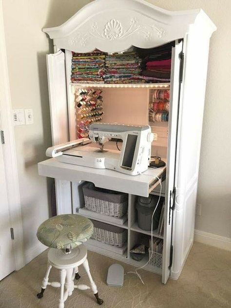 Diy Sewing Cabinet, Pegboard Craft Room, Armoire Diy, Craft Armoire, Ikea Skadis, Diy Sewing Table, Sewing Station, Craft Table Diy, Sewing Machine Cabinet