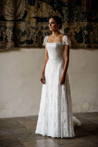 Lace Wedding Dress Summer, Phillipa Lepley Bridal, Textures Wedding Dress, Wedding Dresses Square Neckline Modest, Lace Wedding Dress Mid Size, Philipa Lepley Wedding Dress, Square Neck Cap Sleeve Wedding Dress, Vintage Short Sleeve Wedding Dress, Phillipa Lepley Wedding Dress