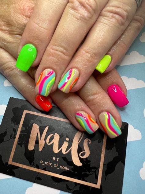 Hot Pink And Yellow Nails Summer, Teal And Lime Green Nails, Fluorescent Nails Neon, Hot Pink And Neon Yellow Nails, Hot Summer Nails Neon, Neon Toe Nails, Hard Gel Overlay, Nail Designs Hot Pink, Green Toe Nails