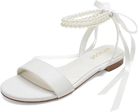 Amazon.com | PALSCOU Wedding Shoes for Bride Flat Sandals Open Toe Pearl Bridal Shoes Flat Wedding Sandals-White-7 | Flats Flat Wedding Sandals, Bridal Shoes Flat, Sandals For Bride, Bride Flats, Flat Sandals Wedding, Wedding Shoes For Bride, Shoes For Bride, Bridal Sandals, Cute Flats