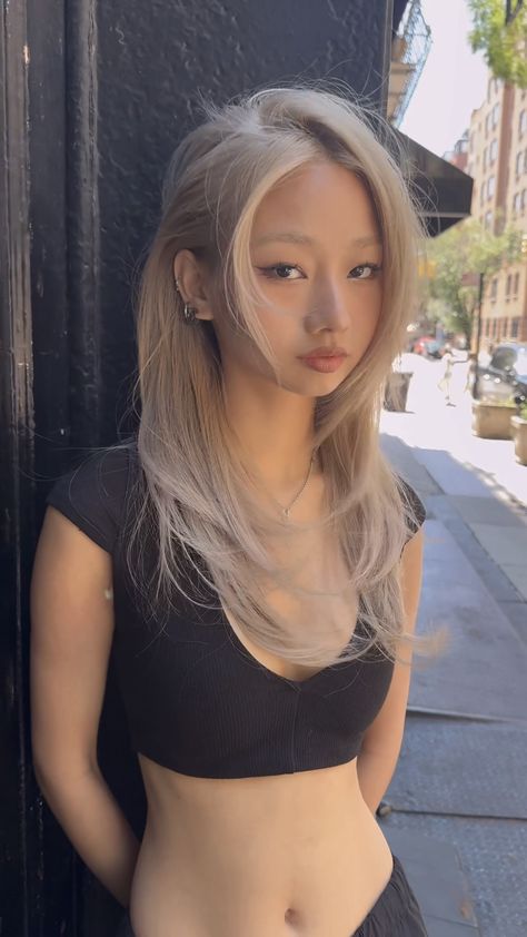 Blond On Asian Hair, Hair Matches Skin Tone, Milk Tea Blonde Hair Color Asian, Tan Asian Hair Color Ideas, Hair Dye For Asians, Ash Brown Hair Tan Skin, Korean Ash Blonde Hair, Blonde Hair Filipino, Low Lights Hair Blond