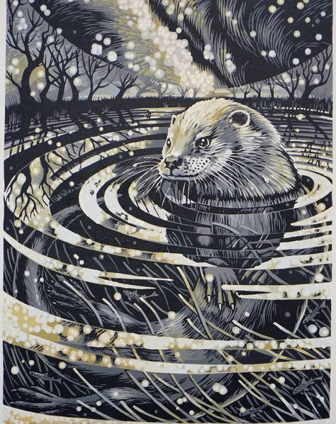 Martin Truefitt-Baker Art (@truefittbakerart) • Фото и видео в Instagram Otter Swimming, Reflection And Refraction, Very Dark Blue, 10 Picture, Lino Print, Linocut Prints, Free Paper, Grey Blue, Otters