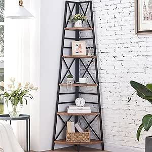 Amazon.com: HOMBAZAAR Corner Shelf,5-Tier Freestanding Corner Bookshelf,Tall Corner Ladder Shelf with Metal Frames,Multifunctional Corner Shelf Stand for Living Room, Bedroom, Kitchen, Home Office, Rustic Brown : Home & Kitchen Tall Corner Shelf, Bookshelf Vintage, Rustic Corner Shelf, Corner Ladder Shelf, Shaped Shelves, Tall Ladder, Corner Bookshelf, Industrial Bookshelf, Corner Bookshelves