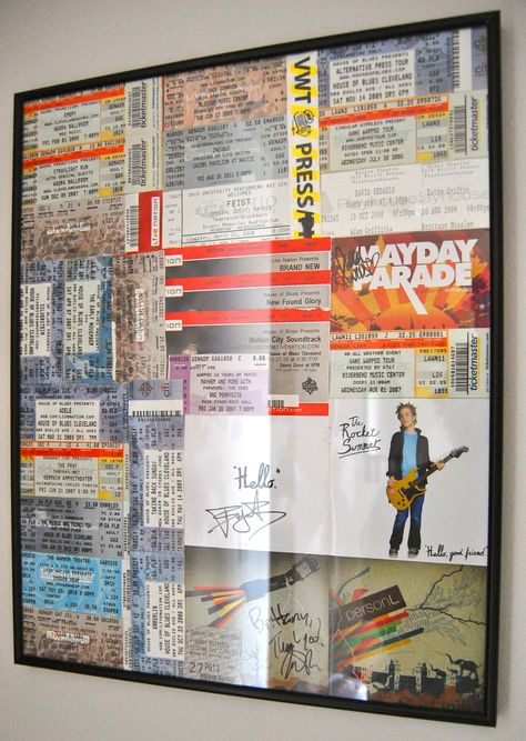 Great idea for putting all my concert memorabilia in a nice display Concert Ticket Art, Concert Ticket Display, Ticket Display, Gig Tickets, Souvenir Display, Memorabilia Display, Concert Ticket, Coin Display, Concert Tickets