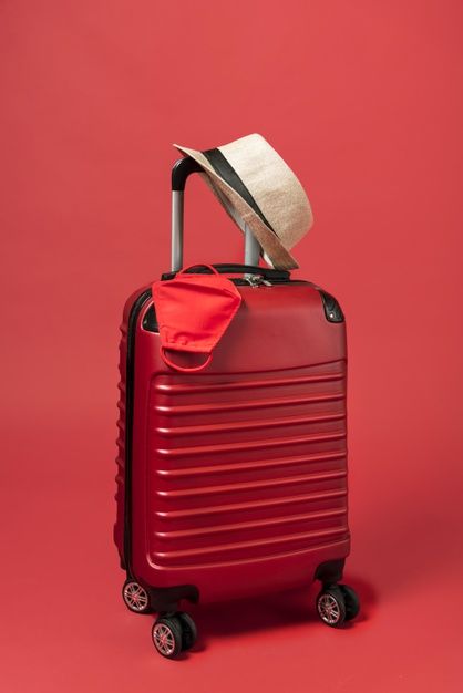 Red luggage with hat and mask | Free Photo #Freepik #freephoto Luggage Photography, Content Pictures, Red Luggage, Woman In Car, Inktober 2024, Red Images, Tourism Day, Travel Ads, Digital Marketing Design