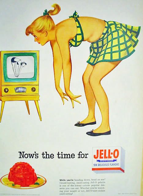 Jell-O ad, 1952 // "While you're bending down, bend an ear! Grand-tasting, swell-eating Jell-O gelatin is one of the lowest-calorie popular desserts you can eat. Whether you're watching your weight or not, Jell-O sure makes swell eating!" Old Advertisements, Jell O, Retro Advertising, Food Ads, Retro Ads, Retro Recipes, Old Ads, Photo Vintage, Magazine Ads