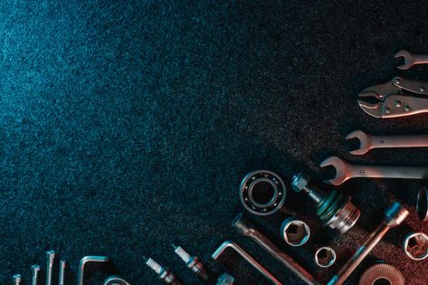 Bearings, wrenches, bolts on dark Premium Photo | Free Photo Mechanics Aesthetic, Pitbull Drawing, Handyman Logo, Mechanic Man, Mechanical Workshop, Logo Word, Captain America Wallpaper, Linkedin Background, Black Background Photography