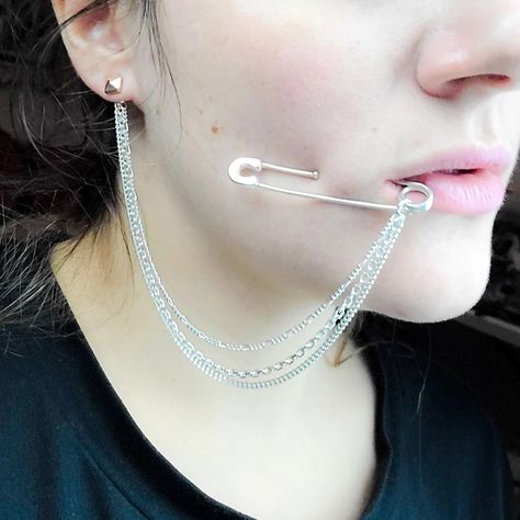 Diy Nose Rings, Fake Cartilage Piercing, Cheek Piercing, Mcqueen Runway, Cheek Piercings, Faux Septum, Punk Glam, Safety Pin Jewelry, Faux Piercing