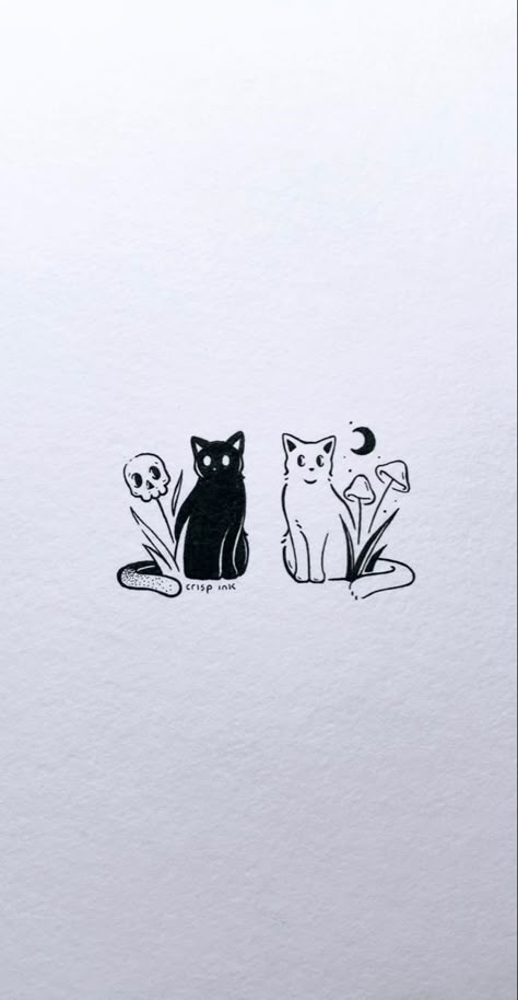 Cute Matching Cat Tattoos, Matching Kitty Tattoos, Double Cat Tattoo, Crisp Ink Drawing, Cat Tattoo Matching, Cat Matching Tattoos, Crisp Ink Tattoo, Matching Cat Tattoos, Cat Doodle Tattoo