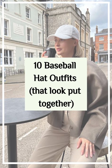 Tan Hat Outfit Winter, Comfy Hat Outfits, Casual Ball Cap Outfit, Winter Outfit Baseball Cap, Womens Outfits With Baseball Cap, Sporty Hat Outfits, Casual Outfit With Hats For Women, Tan Baseball Cap Outfit Women, Baseball Hat Outfit Aesthetic