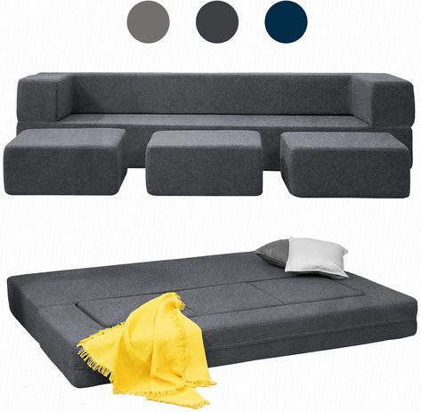 Mjkone Queen Convertible Velvet Futon Sofa Bed with 3 Ottomans,Memory Foam Pull Out Couch,Foldable Mattress Floor Sofa,Fold Out Couch Sleeper Sofa,Dark Grey Spare Room Gym, Hide A Bed Couch, Velvet Futon, Mattress Floor, Sofa Dark Grey, Folding Couch, Fold Out Couch, Bed Foldable, Velvet Sleeper Sofa