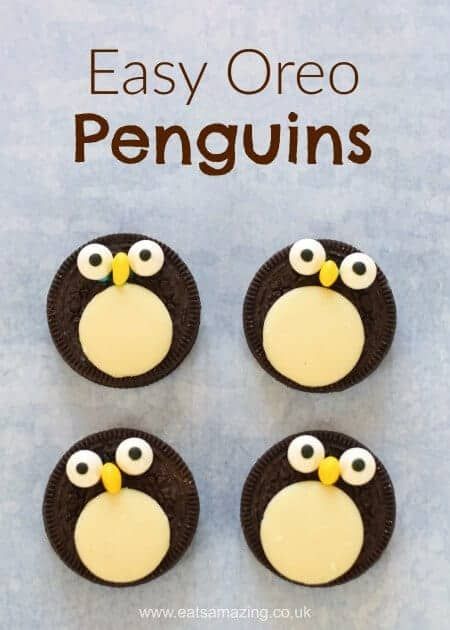 Quick and easy oreo penguins recipe - a fun snack treat or dessert topper for winter puddings - fun food for kids from Eats Amazing UK Winter Treats For Kids School, Easy Winter Snacks For Kids, Penguin Snacks For Preschool, Penguin Treats For Kids, Christmas Biscuits Decorated For Kids, Winter Baking For Kids, Winter Food Crafts For Kids, Winter Treats For Kids, Penguin Desserts