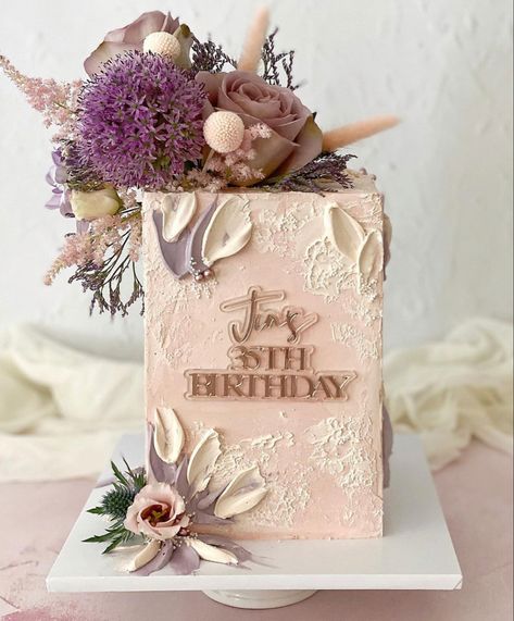 Tall Square Cake, 2023 Cakes, Buttercream Texture, 27th Birthday Cake, Different Cake Flavors, 35th Birthday Cakes, Bespoke Cakes, Elegant Cake Design, Modern Birthday Cakes