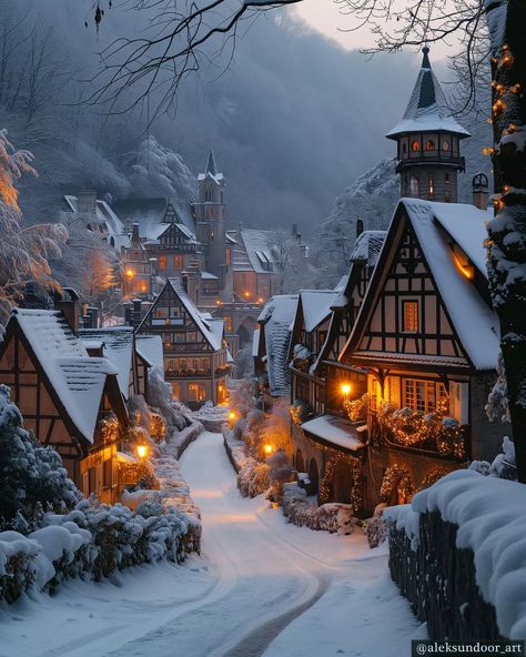 Fairytale Village, Beautiful Winter Pictures, Wallpapers Posters, Winter Christmas Scenes, Fantasy Village, Oil Painting Inspiration, Rainy Morning, Christmas Scenery, Fantasy Posters