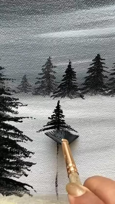 Canvas Painting #painting #art #trees #watercolor #diy Silhouette Landscape Painting, Painting Ideas For New Year, Snow Trees Painting, Things To Do With A Canvas, Acrylic Art Simple, How To Paint Smokey Background, How To Make Trees Painting, Things To Do With Watercolor Paint, Winter Painting Simple