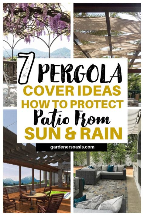 These pergola shade ideas will help keep the sun and rain off your patio. From a retractable canopy to roof panels to vines, you'll vine lots of ways to cover your outdoor spaces. Shade For Pergola Ideas, Pergola With Fabric Roof, Waterproof Canopy Patio, Acrylic Patio Cover, Front Porch Sun Shade Ideas, Pergola Covers Waterproof, Pergola Side Shade Ideas, Sun Sails Shade Ideas, Diy Retractable Pergola Canopy