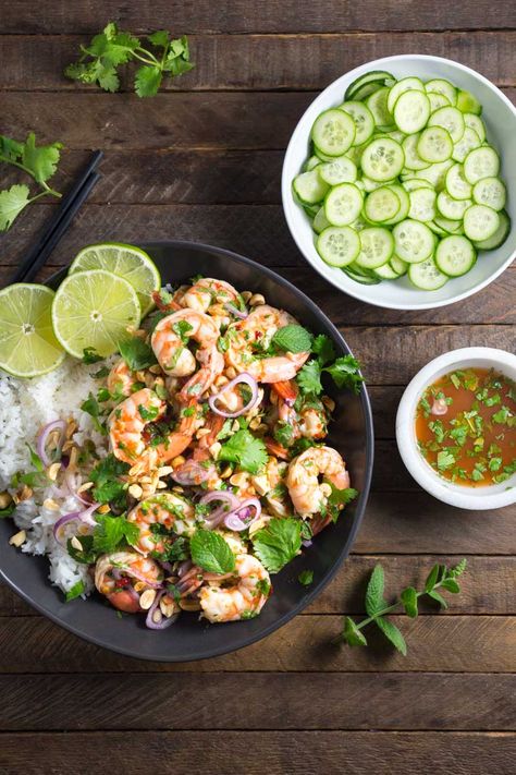 Spicy Thai Shrimp Salad Spicy Thai Shrimp, Thai Shrimp Salad, Vietnamese Noodle Salad, Chili Garlic Paste, Thai Shrimp, Quick Pickled Cucumbers, Spicy Thai, Thai Cooking, Noodle Salad