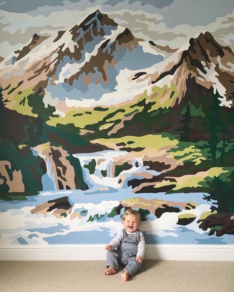 Happiest in the mountains, just like her mummy 💚🏔 Man Cave Wall Mural Ideas, Mountain Mural Paint Colors, Masculine Mural, Closet Mural, Waterfall Mural, River Mural, Nature Murals, Kids Mural, Playroom Mural