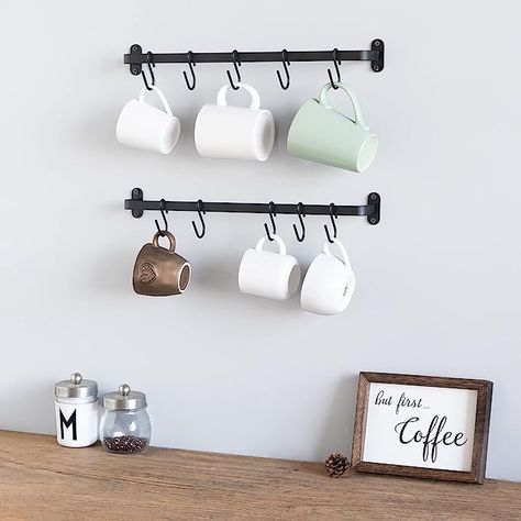 Coffee Mug Wall Rack: This mug rack designed for the wall, the mug holder takes up no extra space on the countertop, saving space while keeping everything within easy reach Closet Coffee Bar, Mug Holder Wall, Coffee Mug Wall Rack, Mug Wall Rack, Coffee Mug Wall, Cups Storage, Hang Hats, Mug Hooks, Dining Room Coffee Bar