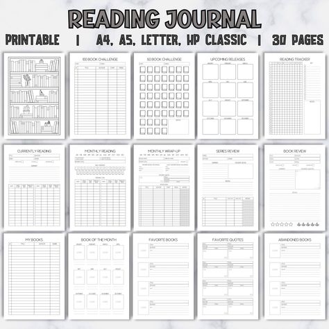 "Printable Reading Journal. Track your reading journey, rate books and series, choose your favorite titles, quotes, characters. Make a list of books you still need to buy and read. Enjoy reading even more! This is DIGITAL product. NO physical items will be shipped to you. Colorful Reading Journal:  https://www.etsy.com/listing/1417934067/ This Journal includes: * Book Review ( 2 versions - photo and no photo ) * Series Review Page * Book Summary Page * Currently Reading Page * Monthly Reading Page * Monthly Wrap-up Page * Reading Tracker Page( Track your reading every day for 12 months! ) * My Books Page * Book Reviews Page With Rating * Books To Read Page * Books To Buy Page * Book Wishlist * Library Book Tracker Page * Did Not Finish Page * Finished Books * Book Of The Month Page * Favor 2024 Reading Log Printable, Reading Diary, 100 Book Challenge, Reading Journal Printable, Book Review Journal, Reading Planner, Book Review Template, Book Reading Journal, Book Log