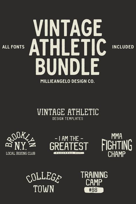 Vintage Athletic Bundle + Fonts, Templates Sporty Typography Design, Vintage Athletic Logo, Vintage Sports Logo, Athletic Logo Design, Athletic Fonts, Activewear Logo, Top Fonts, Fun Fonts, Sport Logos