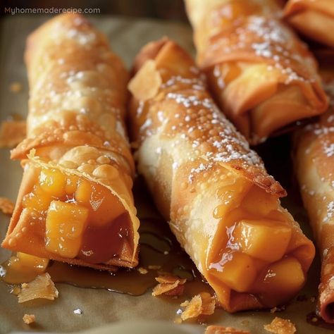 Peach Cobbler Egg Rolls Recipe - Sweet and Crispy Treat - My Home Made Recipe Dessert Egg Rolls Recipe, Quick Breakfast Meals, Dessert Egg Rolls, Eggroll Recipe, Watermelon Jam, Marble Cheesecake, Baking Ideas Recipes, Bacon Egg Cups, Egg Roll Filling