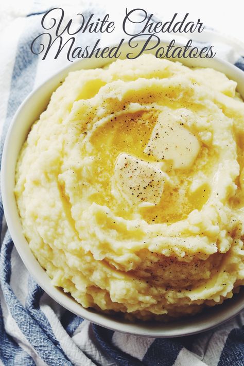 Garlic Cheddar Mashed Potatoes, Cheddar Cheese Mashed Potatoes, White Cheddar Potatoes, White Cheddar Mashed Potatoes Recipe, Cheddar Mashed Potatoes Recipe, White Cheddar Recipes, Wednesday Meals, Delicious Mashed Potatoes, White Cheddar Mashed Potatoes