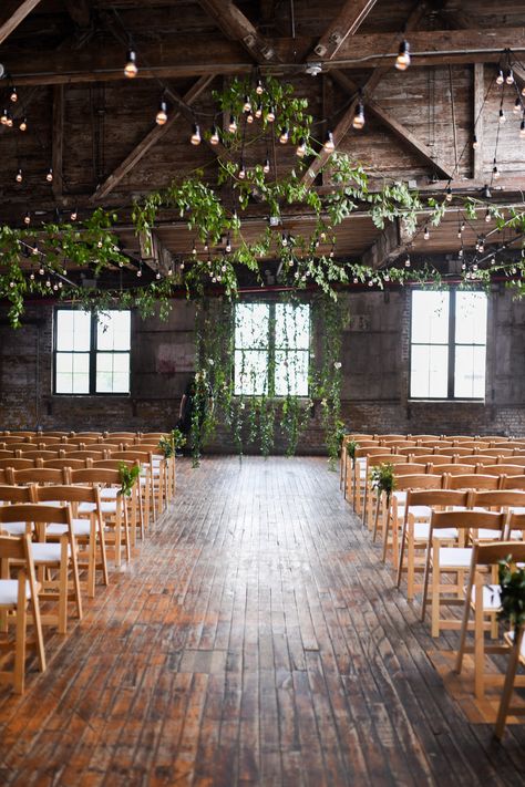 Brick Wedding Venue Decor Industrial Chic, Greenpoint Loft Wedding, Brick Wedding Venue Decor, Brick Wedding Venue, Industrial Wedding Ceremony, Loft Wedding Ceremony, Indoor Forest, Hanging Greenery, Industrial Chic Wedding