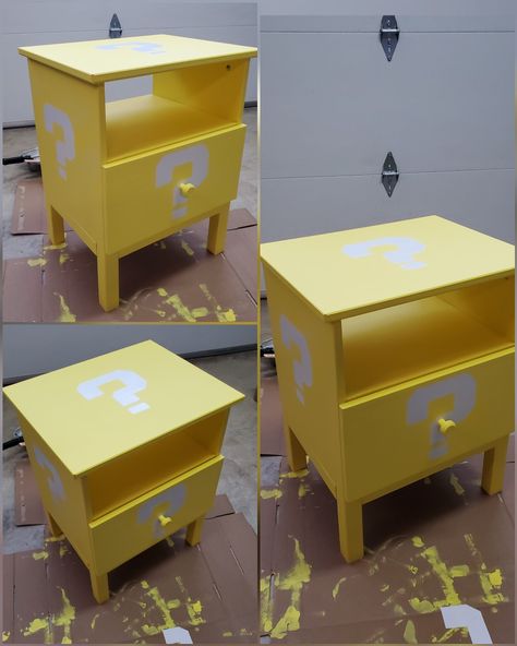 Nintendo Furniture Diy, Mario Room Paint Ideas, Diy Mario Bedroom Decor, Mario Nightstand, Kids Mario Bedroom, Mario And Luigi Bedroom Ideas, Super Mario Theme Room, Mario Sonic Bedroom, Super Mario Bros Bedroom